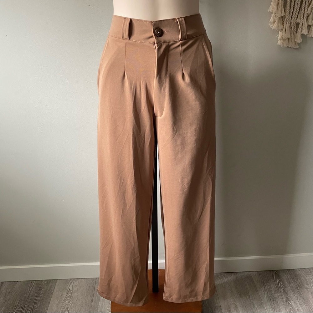 Zara Wide Leg Pleated High Rise Camel Tan Trouser Pants Size 26 / Small